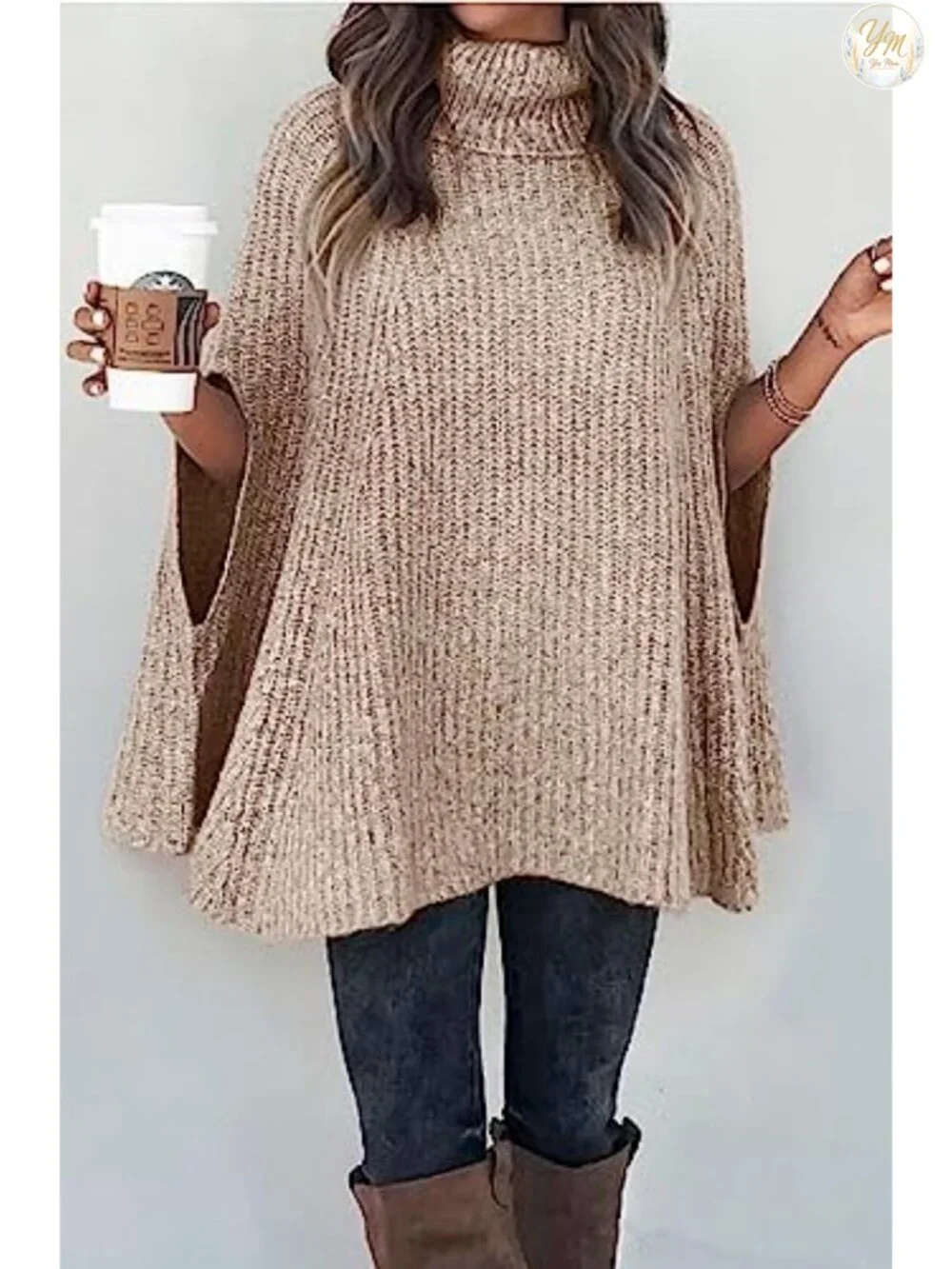 Chunky Knit Turtleneck Poncho Sweater for Women, Winter Cape, High Neck